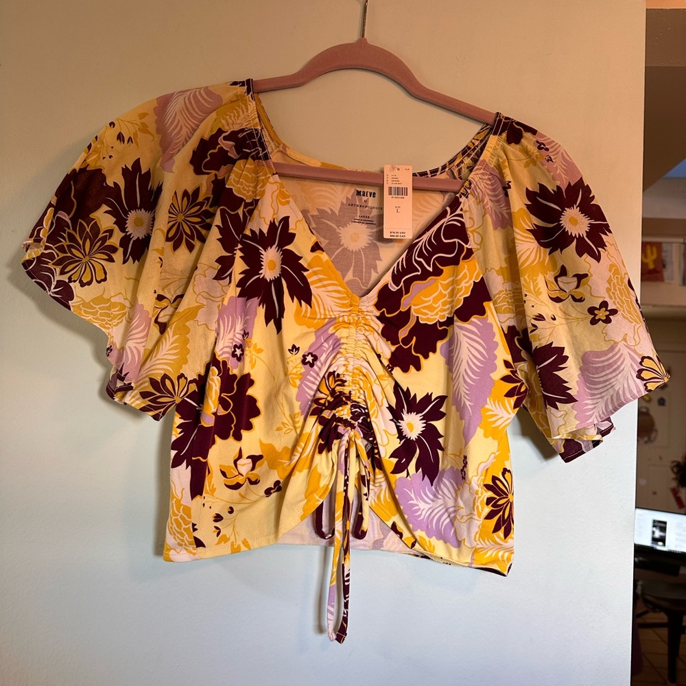Anthropologie Yellow Floral Crop Top with Purple Accents
